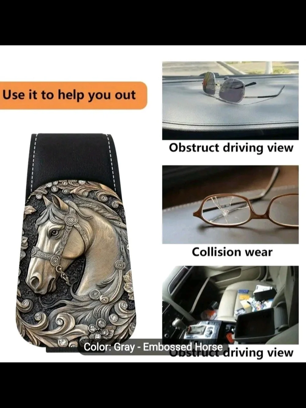 Elegant Leather Embossed Relief Equestrian Horse Head Sun Visor Clip/Card Holder